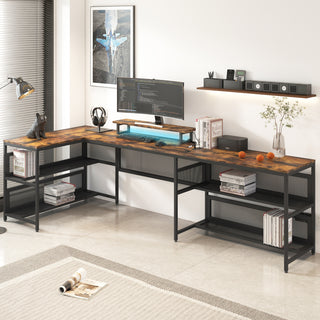 U Shaped Desk with Power Outlets and LED Strip & Monitor Stand, L Shaped Desk with Storage Shelf, Home Office Gaming Desk, Vintage