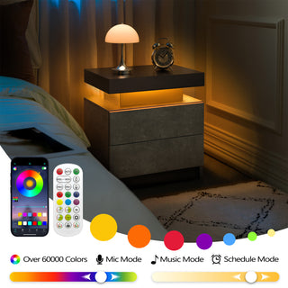 Modern LED Nightstand with 2 Drawers – Black & Gray Bedside Table with Storage, LED Light Bedside Cabinet for Bedroom, End Side Table