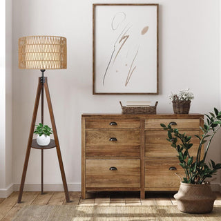 Boho Tripod Floor Lamp with Shelves, Rattan and Fabric Shades
