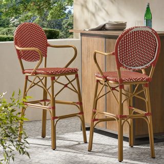 Outdoor Wicker and Aluminum 29.5' French Barstools, Set of 2, Red, Bamboo Print Finish