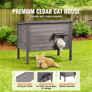 Outdoor Cat House Wooden Feral Cat Shelter with Roof & PVC Door Flaps