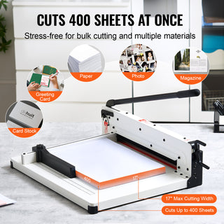 Heavy Duty Paper Cutter, 17' Industrial Commercial Guillotine Paper Cutter for A3 Paper, 400 Sheet Capacity, Solid Steel Construction, Stack Paper Trimmer for Office Home School Shop, White