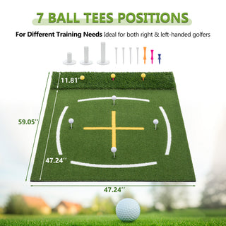 5'x4' Golf Hitting Mat with Cross Stance Guide, Indoor Outdoor Golf Practice Mat with 7 Tee Positions, Heavy Duty Swing Turf for Backyard Garage Training – Includes Balls, Tees & Strap