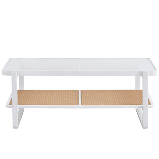 Modern Minimalist White Double-Layered Solid Wood Coffee Table with Glass Top and Imitation Rattan Edge, Rectangular Table for Living Room, Dining Room, and Bedroom