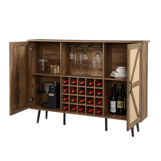 Oak Color Faux Rattan Barn Door Wine Cabinet with Wine Rack & Glass Rack, Double Door Design with Removable Shelves, Rustic Wood Storage Cabinet