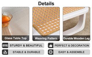 Modern Minimalist White Double-Layered Solid Wood Coffee Table with Glass Top and Imitation Rattan Edge, Rectangular Table for Living Room, Dining Room, and Bedroom