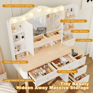 White Vanity Desk with Mirror and Lights - 2 USB Power Strip &amp; 3-Drawer Chest