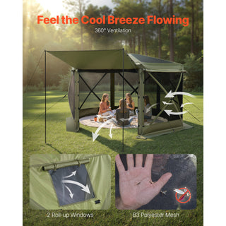 Pop up Gazebo Screen Tent, 12 x 12 ft Large 6-Sided Camping Canopy Tent with Removable Top & Carry Bag, Quick-Set & Bite-Proof, Screen House Sun Shelter for 8-10 Persons Backyard Patio, Green