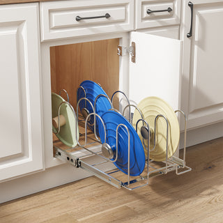 Pull out pot and pan lid organizer for cabinet holding 18 lids