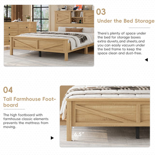 Natural Wood Queen Farmhouse Bedroom Set - 3-Piece Storage Bed with Charging Station
