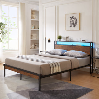 King Size Metal Bed Frame with LED Headboard, USB & Storage | Wooden Headboard