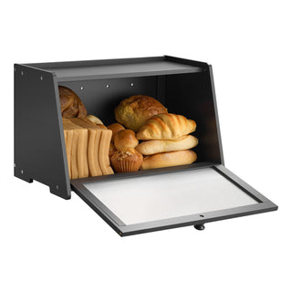 Farmhouse Bamboo Bread Box, Large Capacity with Acrylic Wavy Door, Black