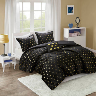 4 PCS Full/Queen Metallic Printed Plush Comforter Set with Throw Pillow Black/Gold