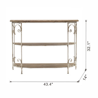 43.5x14x32' Three-Tiered White Wooden Shelving Unit with Ornate Iron Frame