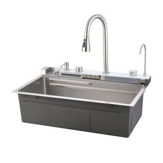 Dark Gray 304 Stainless Steel Sink with Pull-Out Faucet | Whale Waterfall Single Bowl Kitchen Sink