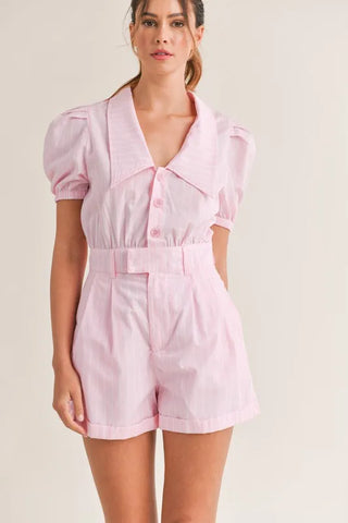 MABLE Striped Puff Sleeve Collared Neck Romper