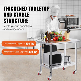 36x24 Inch Stainless Steel Work Table with Wheels | Heavy-Duty Commercial Food Prep Table with Casters