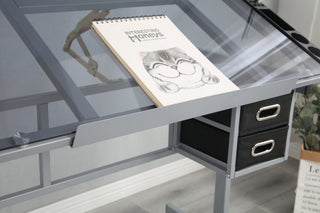 Adjustable Art Drawing Desk Craft Station & Drafting Table – Tilting Tabletop, 2 Fabric Drawers, Storage Shelves & 4 Caster Wheels – Studio/Home Office