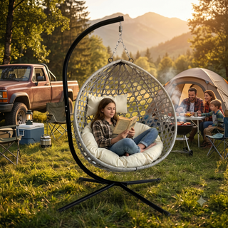 Foldable Hanging Egg Chair with Stand, HDPE Rattan Wicker Swing Chair with Cushion, Heavy Duty Frame 350 Lbs Capacity, Outdoor Patio Indoor Bedroom Balcony, Beige+Gray