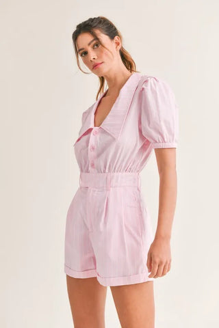 MABLE Striped Puff Sleeve Collared Neck Romper
