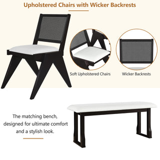 TOPMAX Modern 6-Piece 82.7-Inch Extendable Dining Table Set – Includes 4 Wicker Back Upholstered Dining Chairs, Long Bench, Two 11.8-Inch Removable Leaves, Espresso Finish