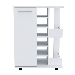 32" H White Bar-Coffee Cart with Cabinet Storage, 4 Wheels, Divided Shelf, Folding Door, and Bottle Holder – Stylish Mobile Storage for Home Bars or Coffee Stations