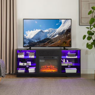 TV Stand Electric Fireplace TV Stand with Glass Shelves, 3D Fireplace TV Stand with LED Lights Wood with USB Charging Outlet Modern Television Table Center for TV up to 32-62' Black 58''W*15.4''D*24.6