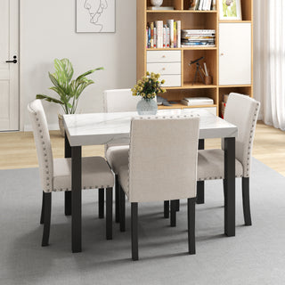5-Piece Dining Set – Imitation Marble Tabletop with Solid Wood Table & 4 Chairs, Space-Saving Kitchen & Dining Room Furniture Set
