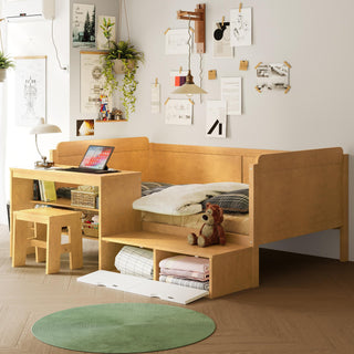 Wooden Twin Size Daybed with Storage Shelves and Lockers, Multi-functional Bed with Study Desk and Matching Stool, Natural