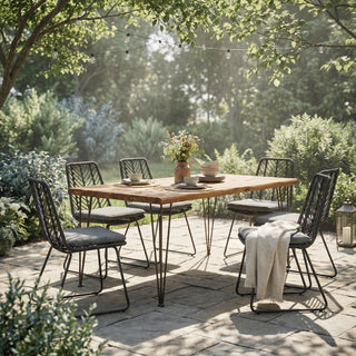 7-Piece Outdoor Dining Set for 6 | 72” Rectangular Patio Table with Acacia Wood Top & Rattan Chairs | Modern Teak & Black Outdoor Furniture for Deck, Backyard & Porch