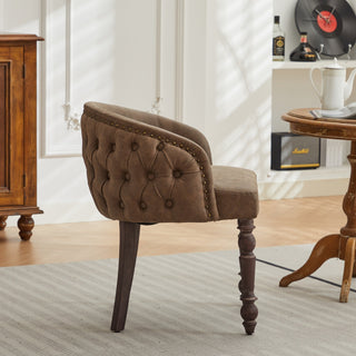 Hand-pulled buckle decoration PU Dining Chair,Accent Leisure Chair, Mid-Century Modern Arm Chair with Solid Wood Armrests and Legs, 1-Seat Cushioned Sofa for Living Room Bedroom,Brown color,SW1865BR