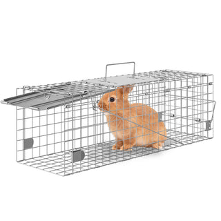 Live Animal Cage Trap, 24' x 8' x 8' Humane Cat Trap Galvanized Iron, Folding Animal Trap with Handle for Rabbits, Stray Cats, Squirrels, Raccoons, Groundhogs and Opossums