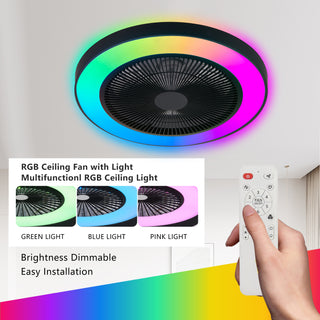 19-inch Black Ceiling Fan Light with LED RGB – Dimmable & Color-Changing, APP & Remote Control, Modern Smart Ceiling Fan for Living Room, Bedroom, and Dining Room (Silent/6-Speed/Reversible/DC Motor)