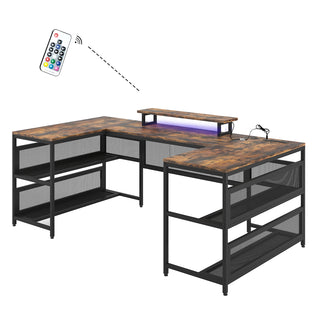 U Shaped Desk with Power Outlets and LED Strip & Monitor Stand, L Shaped Desk with Storage Shelf, Home Office Gaming Desk, Vintage
