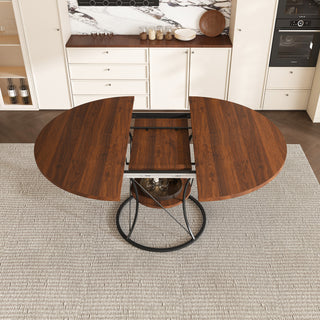 43 inch Round Dining Table for 4-6, Expandable Farmhouse Kitchen Table with Storage Shelf & Metal Base, Brown & Black Extendable Wood Table from 43 to 59 inch, Large Round Table for Home (No Chairs)