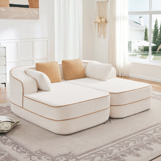 77.2' Teddy Fabric No Assembly  32D High Density sponge Boneless Sofa,Fluffy Comfy Couch with double Chaises,Sleeper sofa,Contrast color design,Symmetrical aesthetics,for Living Room,White