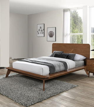 Walnut Color Eastern King Size Bed Solid wood Veneer 1pc Platform Bedframe Mattress Ready Mid-Century Modern Style