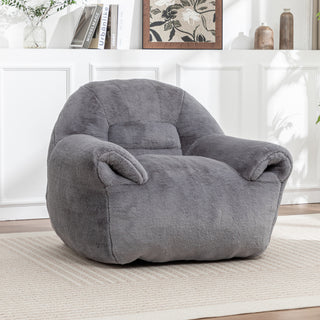 Faux Fur Bean Bag Chair Sofa w/ Back Support | Luxurious Grey Stuffed Floor Lounger | Comfy Seating for Adults & Kids | Bedroom, Apartment, & Living Room Accent