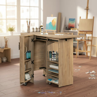 Multi-Functional Craft Station Desk (Brown Finish) – Large Work Surface, Drop-Leaf Extension, Adjustable Storage Shelves & 2 Drawers – Home Office/Hobby