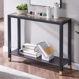 Glass Entryway Table, 2-Tier Entry Way Console Entrance Table, 41'L Narrow Sofa Table with Shelves, Ideal for Hallway, Entryway, Living Room, Foyer, Corridor, and Office (Gold & Black)