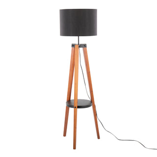 Compass Mid-Century Modern Floor Lamp with Shelf in Walnut Wood, Black Metal and Black Linen by LumiSource