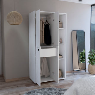 Misuri White Wardrobe Armoire | 2-Door Closet with Hanging Rod and Shelves