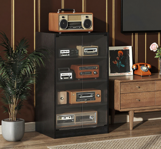 Media Cabinet & Record Player Stand – Stereo Console Table with Vinyl Record Storage Shelf – Mid-Century Modern Turntable Display Furniture