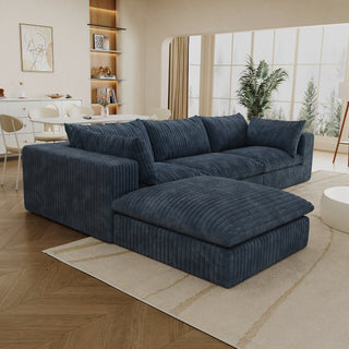 118.2" L-Shaped Sectional Sofa with Ottoman - 4-Seat, Blue Fabric ,3 seater + 1 ottoman