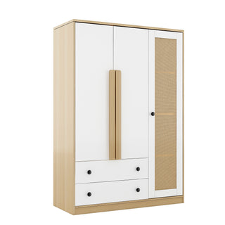 
3-Doors Wooden Rattan Wardrobe Storage for Bedroom,with 2 Drawers,White+Nature
