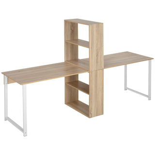 HOMCOM 88" Extra Long 2-Person Computer Desk with Storage Shelves Combo – Double Workstation Writing Table for Home Office, Study, and Bookshelf, Natural Wood Color