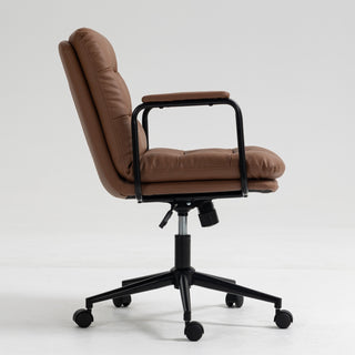 Mid Back Office Chair - Ergonomic PU Leather Desk Task Chair with Wheels, Armrests, and 40° Reclining Back (Brown)