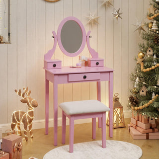 Moniys Wood Moniya Pink Makeup Vanity Table &amp; Stool Set - Contemporary 3-Drawer Dressing Table with Adjustable Oval Mirror