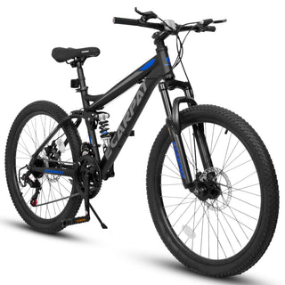 A2460 24 Inch Mountain Bike with Full Suspension, 21 Speed Shifter Lever with Gear Indicator, High Carbon Steel Frame, Mechanical Disc Brakes, Unisex for Men/Women/ Adults, Ideal for Trails.