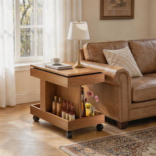 Small Coffee Table with Wheels, 360° Rotating Desktop Multi-Functional Side Table, Rolling End Table with Storage Compartment, Mobile Bedside Table for Living Room Bedroom Home Furniture, Natural